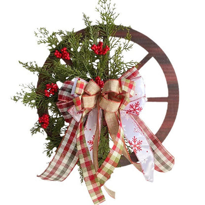 Christmas red wooden wheel wreath adorned with greenery, red berries, and festive bows, perfect for holiday decor.