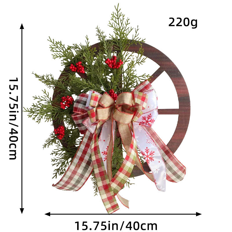 Vibrant Christmas red wooden wheel wreath with greenery and plaid ribbons, measuring 40cm, perfect for festive door decor.