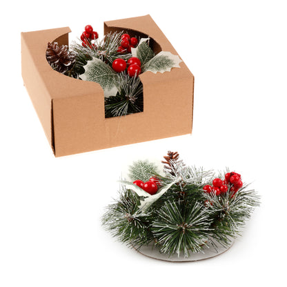 Christmas floral table arrangement with red berries and pine cones in packaging, ideal for festive table decorations.