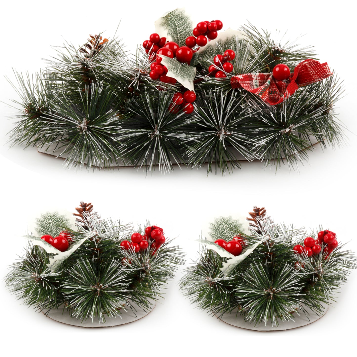 Christmas floral table arrangements with red berries and pine cones, perfect for festive table decorations. Set of 2.