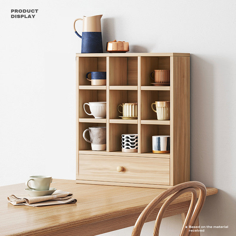 Display Stand Tea Cup Shelving Furniture Cube Cabinet with Drawers (Burlywood) in room