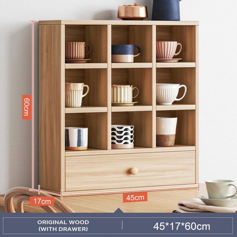 Display Stand Tea Cup Shelving Furniture Cube Cabinet with Drawers (Burlywood) measurements