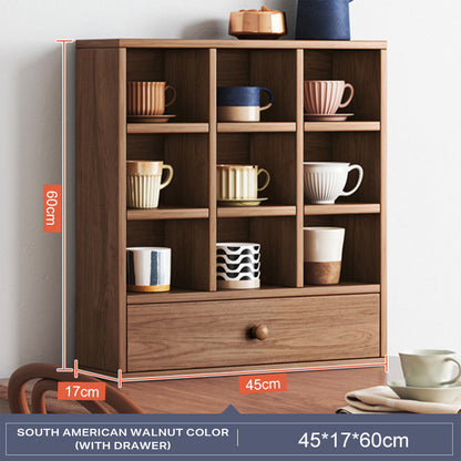 Display Stand Tea Cup Shelving Furniture Cube Cabinet with Drawers (Nut-Brown) measurements