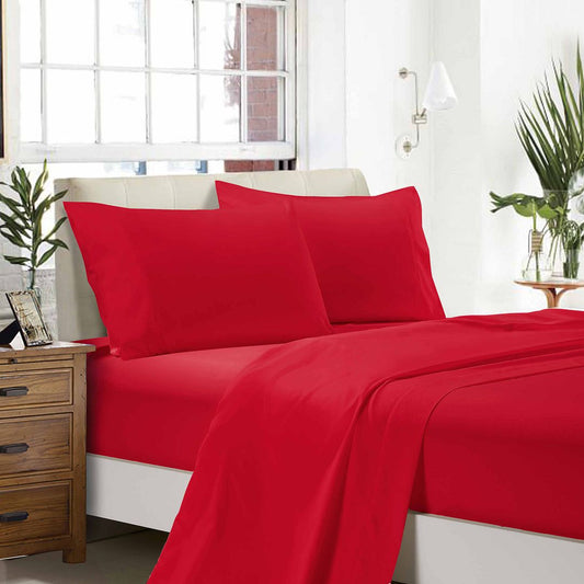 1000TC Double Size Bed Soft Flat & Fitted Sheet Set in Red - Premium Bedding for Comfort