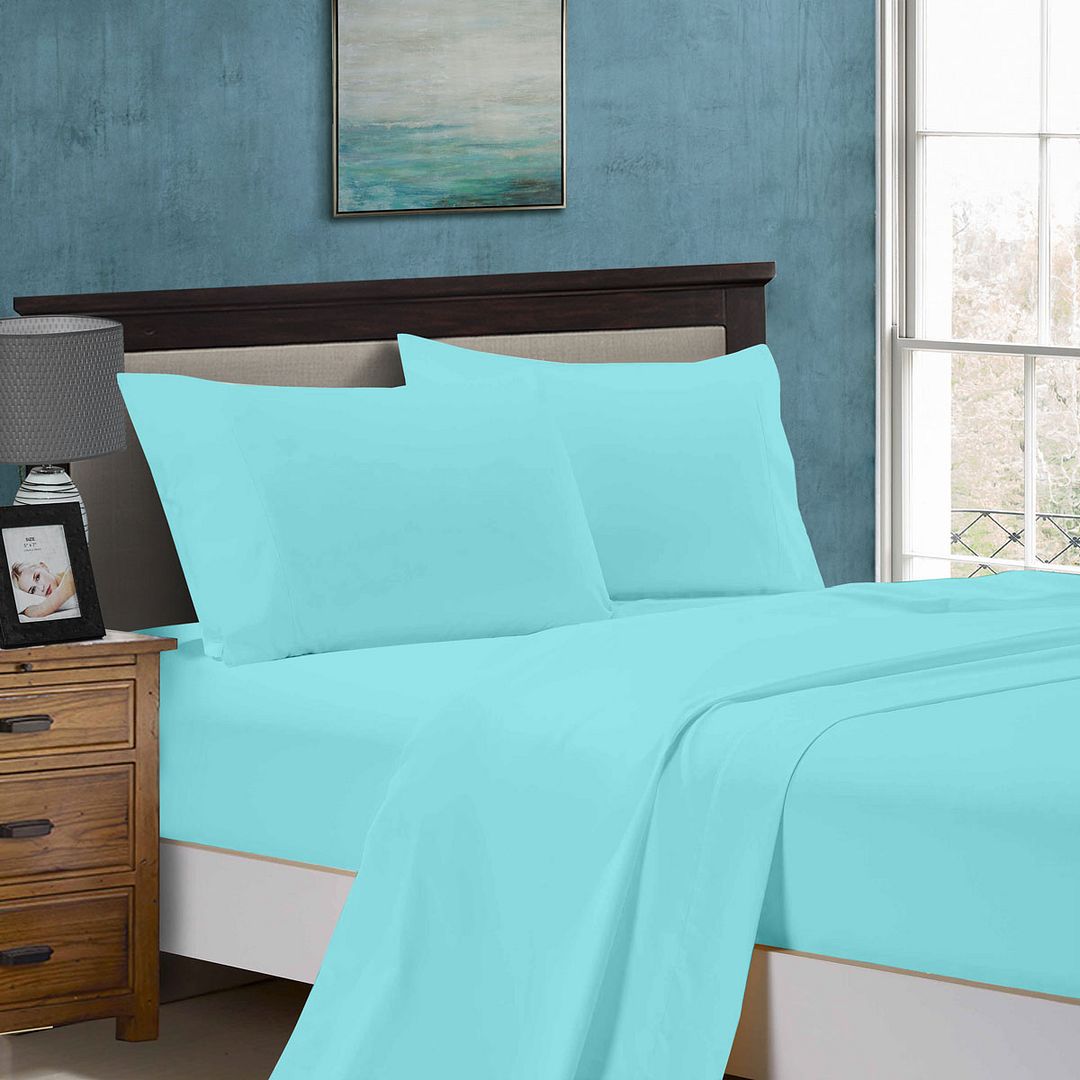 1000TC King Size Bed Soft Flat & Fitted Sheet Set in Aqua - Premium Bedding for Comfort