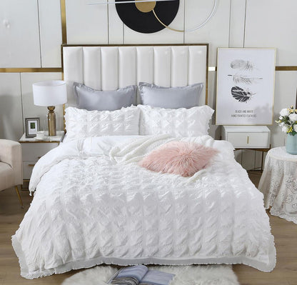 Elegant white ruffles textured jacquard duvet cover set on a stylish bed with decorative pillows and soft blankets.