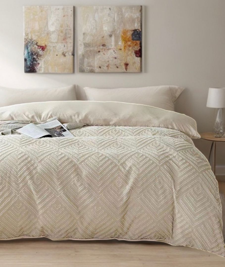 Tufted Textured Jacquard Quilt Cover Set- Beige - Queen Size Close Up