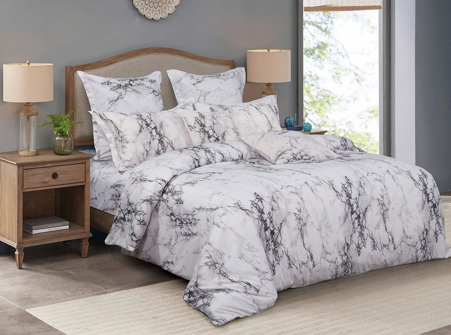 White marble double size duvet cover set with elegant pattern, enhancing bedroom decor with stylish comfort.