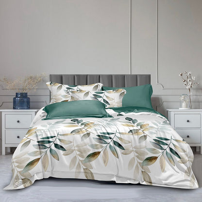 Elegant autumn-themed king-size quilt cover set with botanical design and stylish pillows in a cozy bedroom setting.