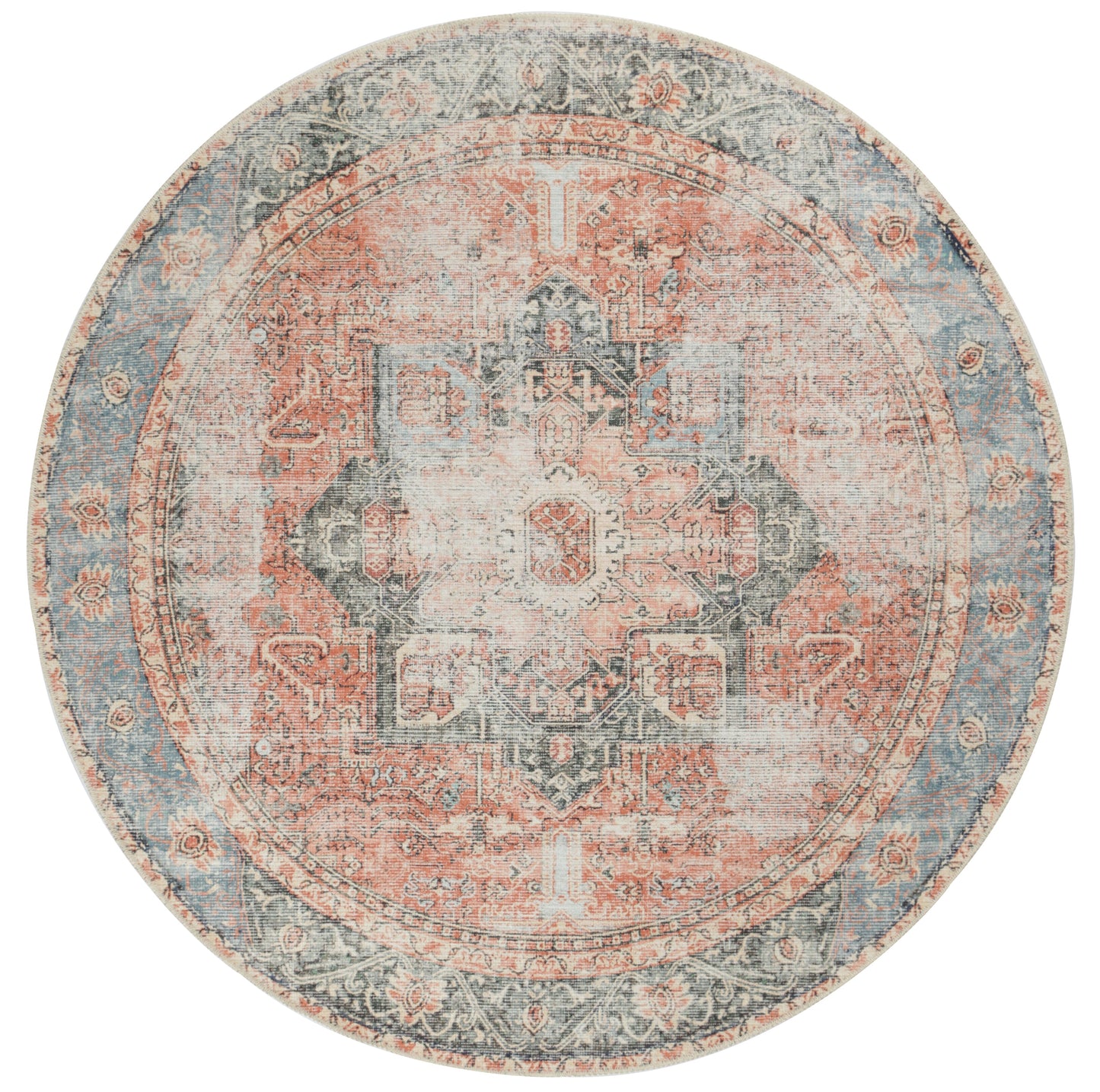 Vintage Crown Cezanne terracotta sky distressed round rug, 180X180, showcasing classic patterns and warm colors.