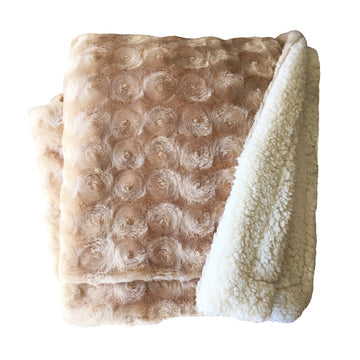 Plush fleece reversible throw blanket in beige with soft floral pattern and cozy Sherpa backing. Ideal for home or travel.