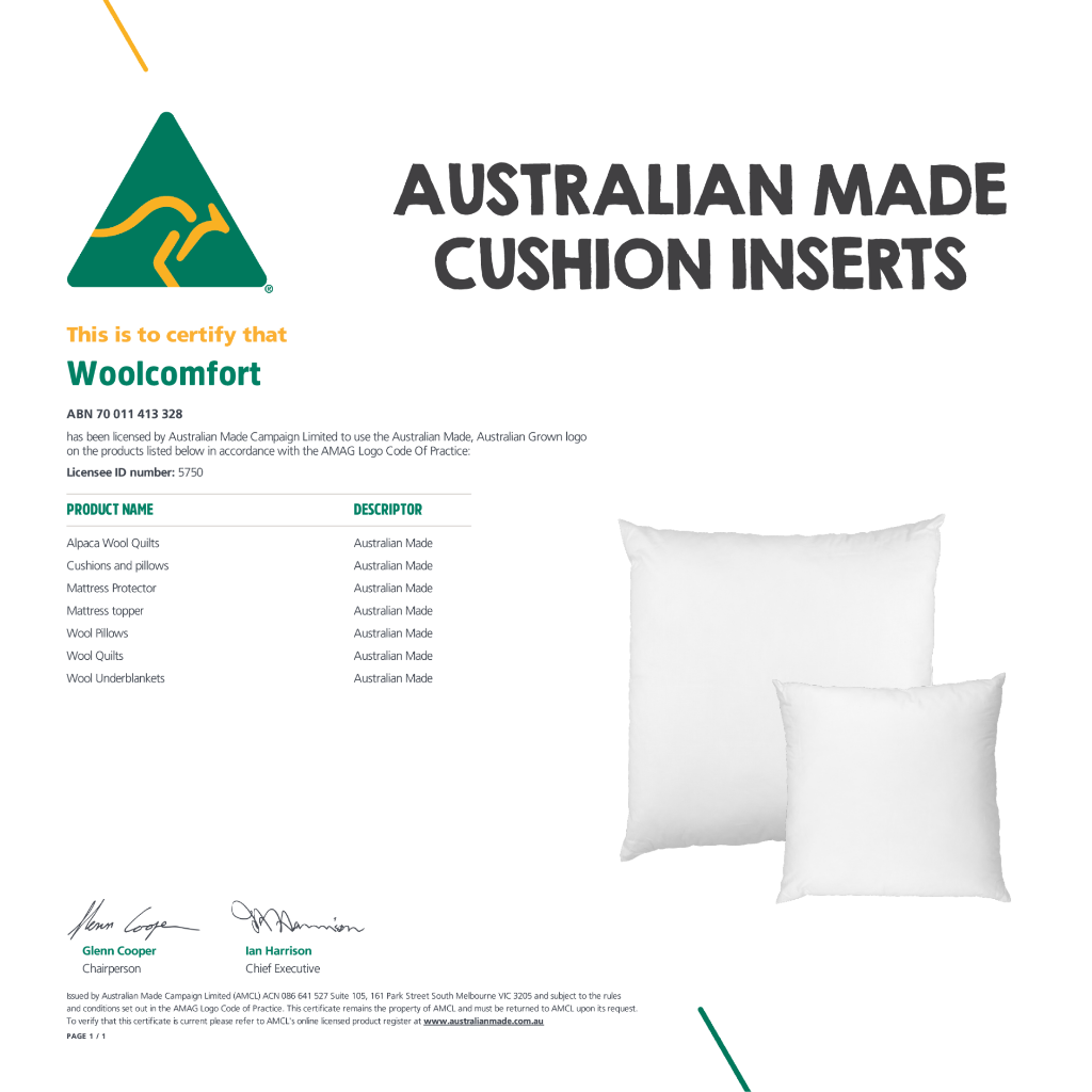 Australian Made cushion inserts certification with product details and premium white cushion inserts displayed.