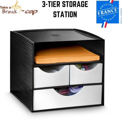 3-tier storage station in black and metallic grey for organized office and kitchen supplies, made in France.