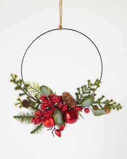 35cm Berry Ball Half Wreath with red ornaments, pine, and eucalyptus, perfect for festive Christmas decor.