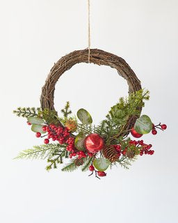 Festive 40cm Berry Ball Half Wreath with red ornaments and greenery, perfect for Christmas decorations.