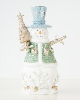 Adorable 23cm snowman with mini Christmas tree, perfect for festive holiday table decorations.