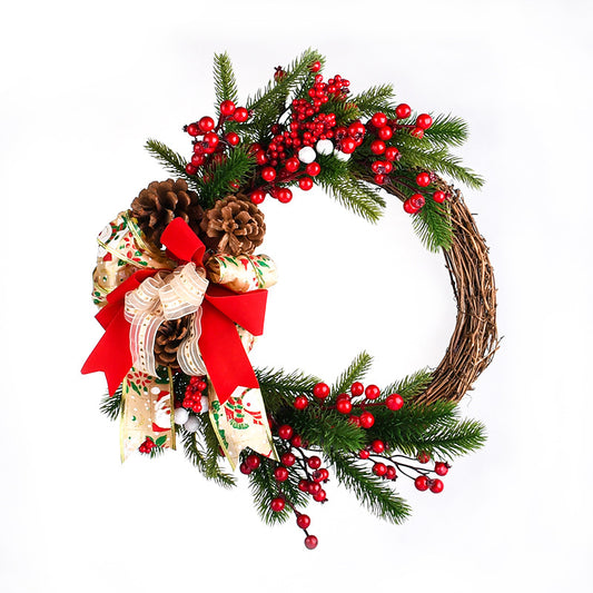 Christmas wreath with pine cones, red berries, and festive bow, perfect for holiday door decor.