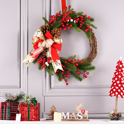 Festive Christmas wreath featuring pine cones, red berries, and a vibrant bow, perfect for holiday door decor.