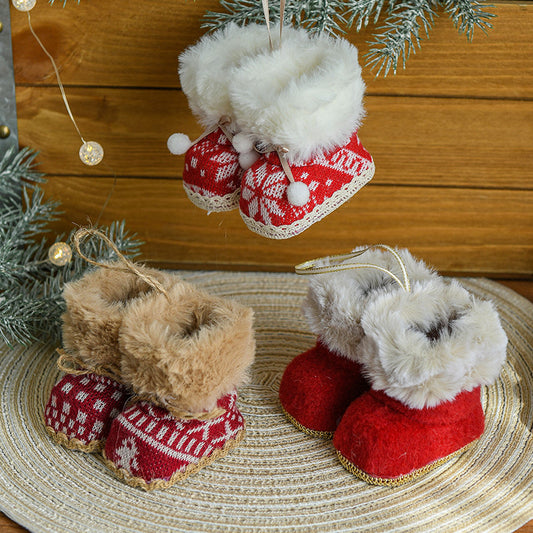 Set of 3 knitted Christmas boot ornaments with faux fur trim, perfect for Christmas tree decorations and holiday displays.