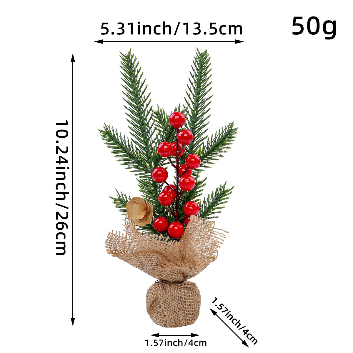 Mini Christmas pine tree with red berries in burlap base, 26 cm tall, perfect for festive table decorations.