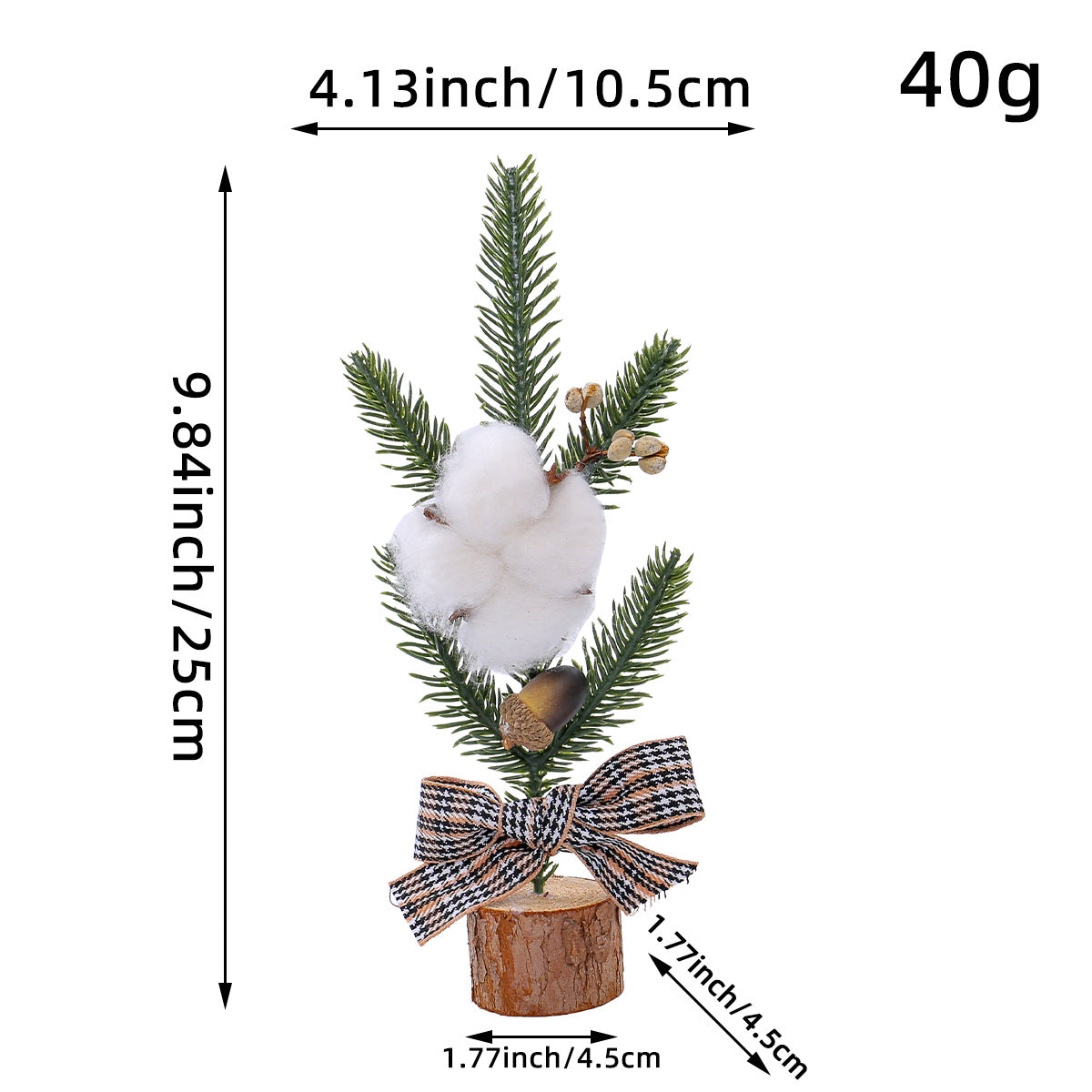 Mini rustic Christmas tree decoration with cotton and plaid bow, perfect for Christmas table decorations.