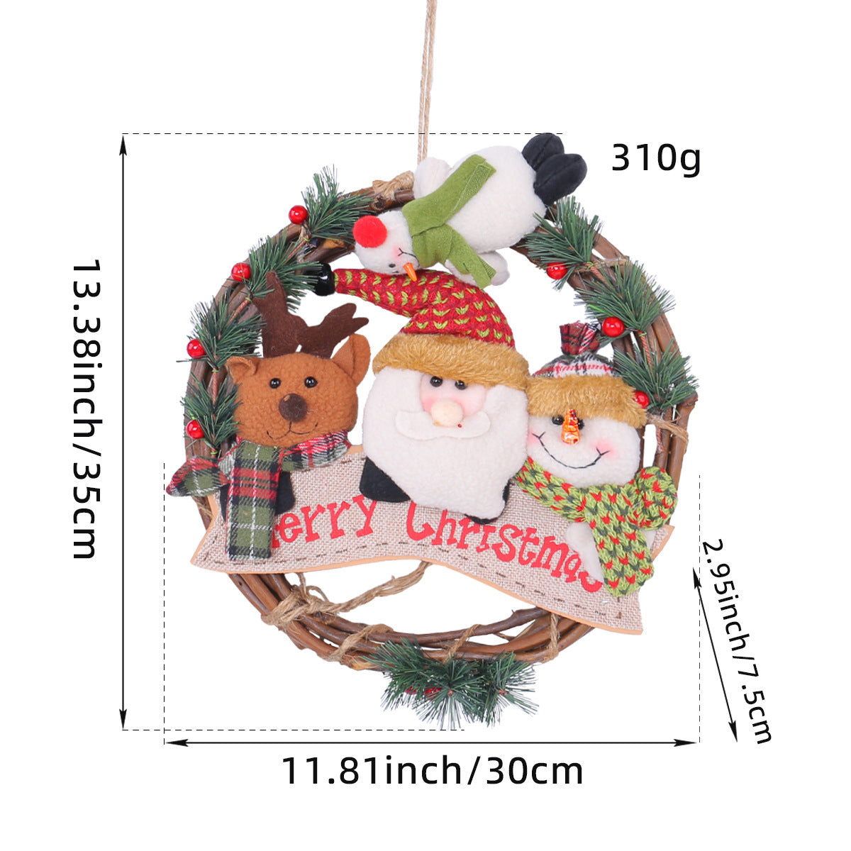 Rustic Christmas wreath featuring Santa, reindeer, and snowman, perfect for holiday door decoration. Festive home decor.