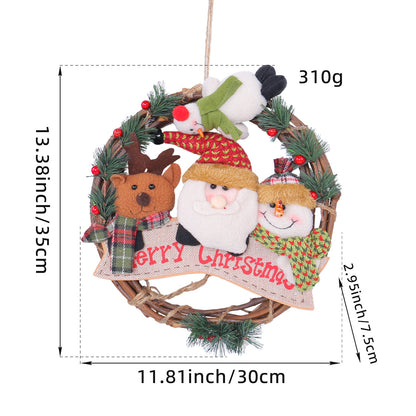 Rustic Christmas wreath featuring Santa, reindeer, and snowman, perfect for holiday door decoration. Festive home decor.