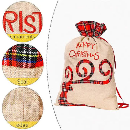 Large Merry Christmas drawstring gift bag with plaid accents, perfect for holiday presents and festive celebrations.