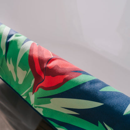 Close-up of the vibrant patterned edge of the Lazy Dayz sand-free beach towel, showcasing its luxury and colorful design.