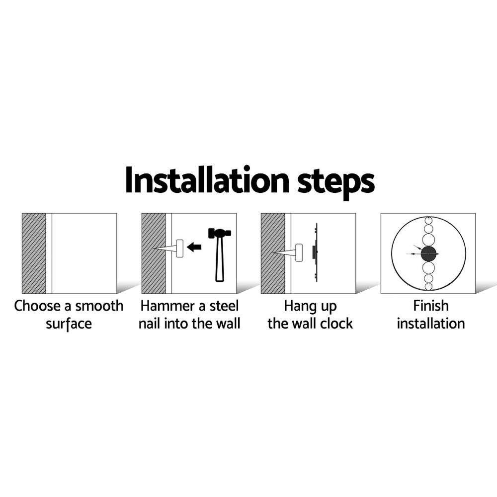 Step-by-step installation guide for hanging a wall clock on a smooth surface.