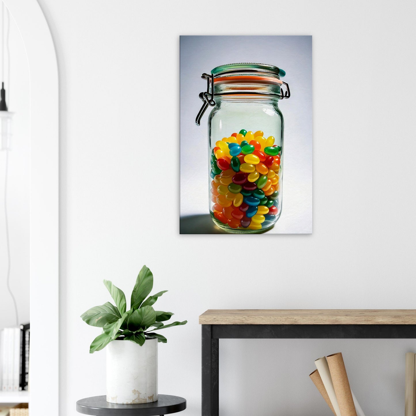 Bright and colorful jellybeans in a jar, vibrant wall art canvas print, perfect for a cheerful home decor accent.