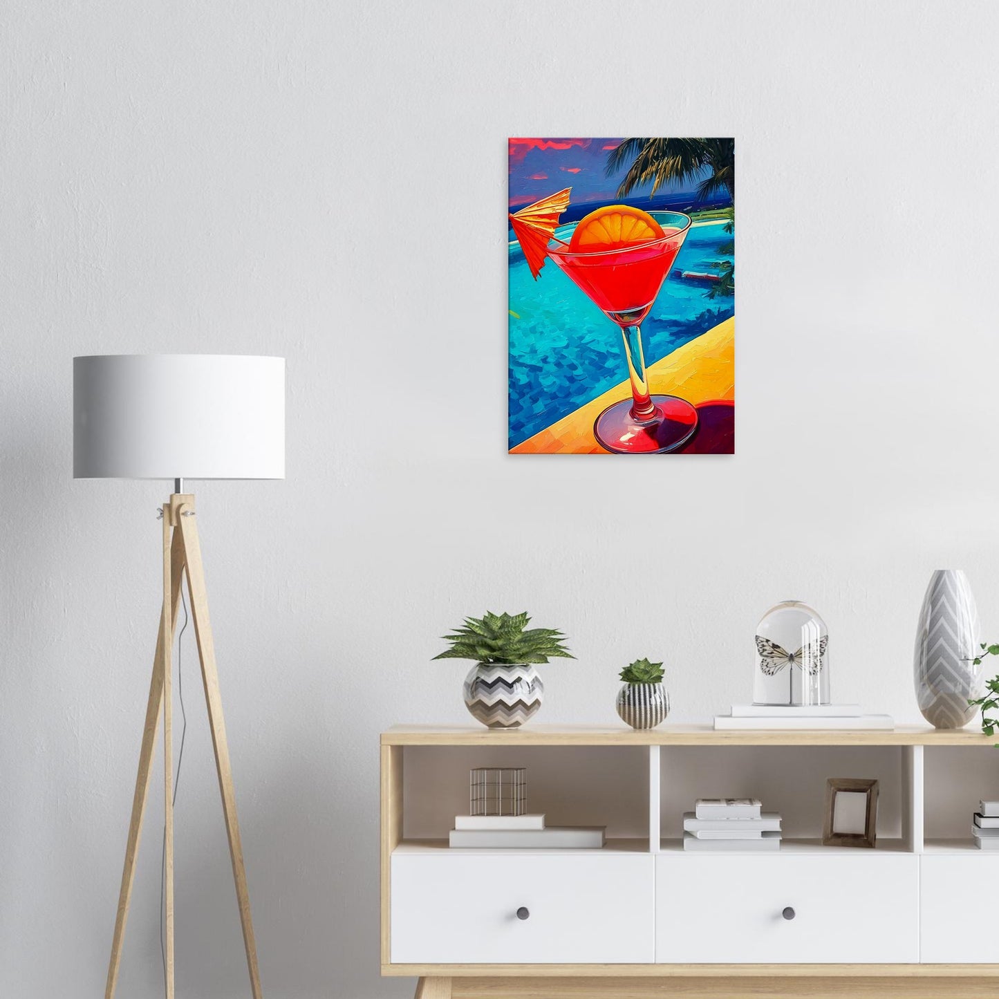 Vibrant tropical cocktail canvas print hanging on a wall, enhancing modern wall art with bold colors and abstract design.