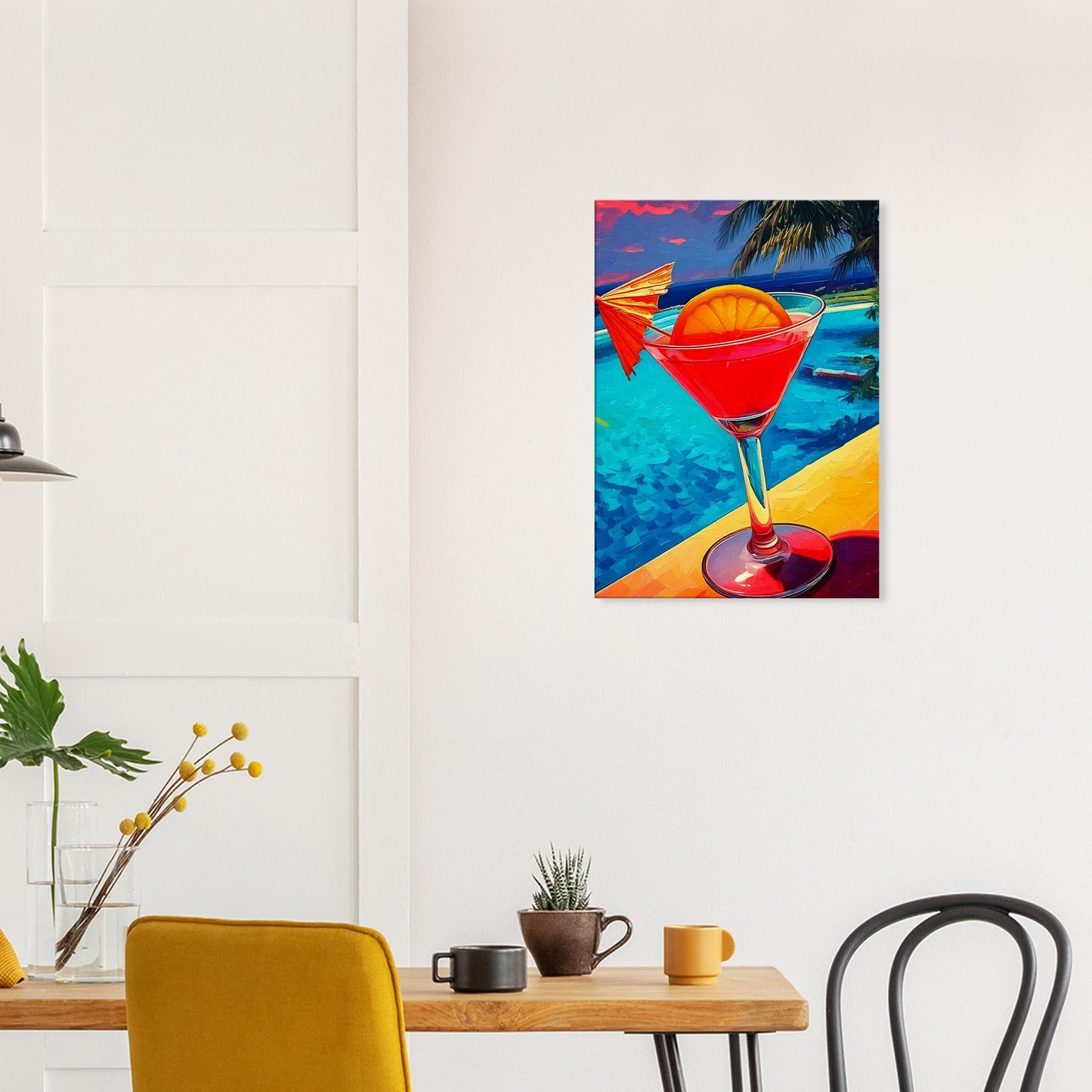 Vibrant tropical cocktail artwork on wall, perfect wall art for an uplifting home decor vibe. Abstract canvas print.