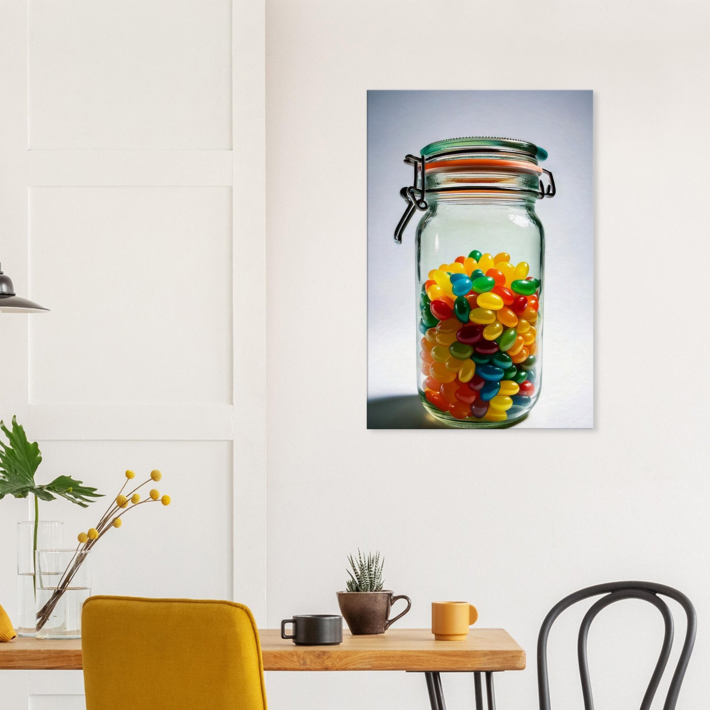 Vibrant jellybean jar canvas print, colorful wall art enhancing modern home decor. Perfect for a cheerful touch.