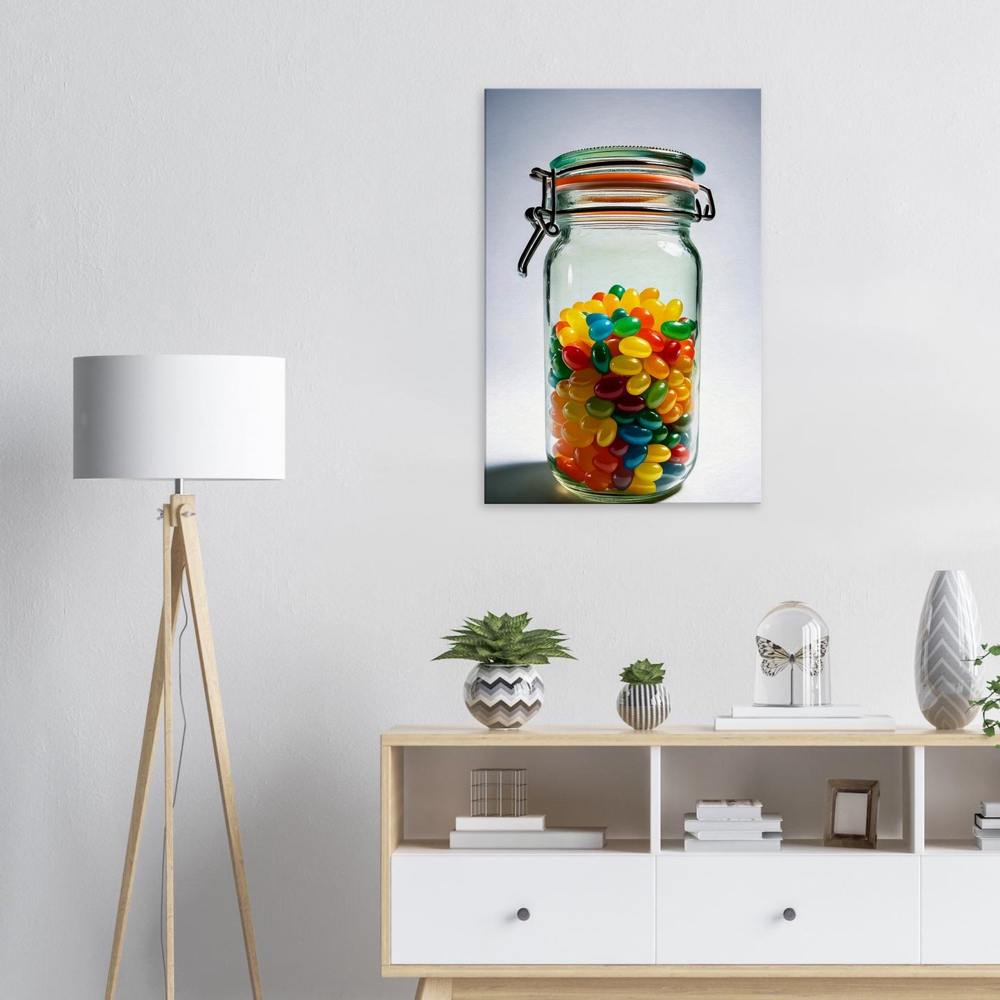 Bright and colorful jellybean jar canvas print, perfect wall art for a cheerful decor. Abstract wall artwork for lively spaces.